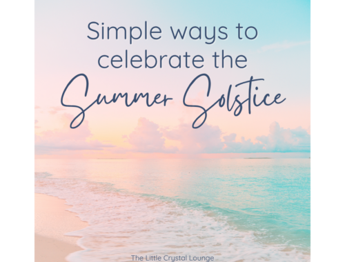 Image shows a calming, pastel beach scene, with blue seas and a blue / pink sunset. The text on the image reads "Simple ways to celebrate the Summer Solstice"