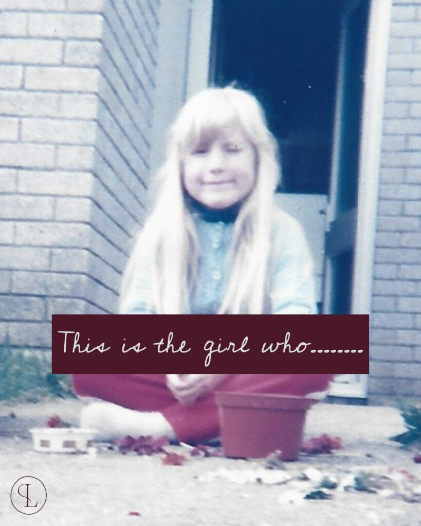 Image shows an old style photograph of the owner of Lumena at 6 years old, sat on the garden stpes of her family home.. She's surrounded by petals, pots of water, after collecting natures treasures to create something new.